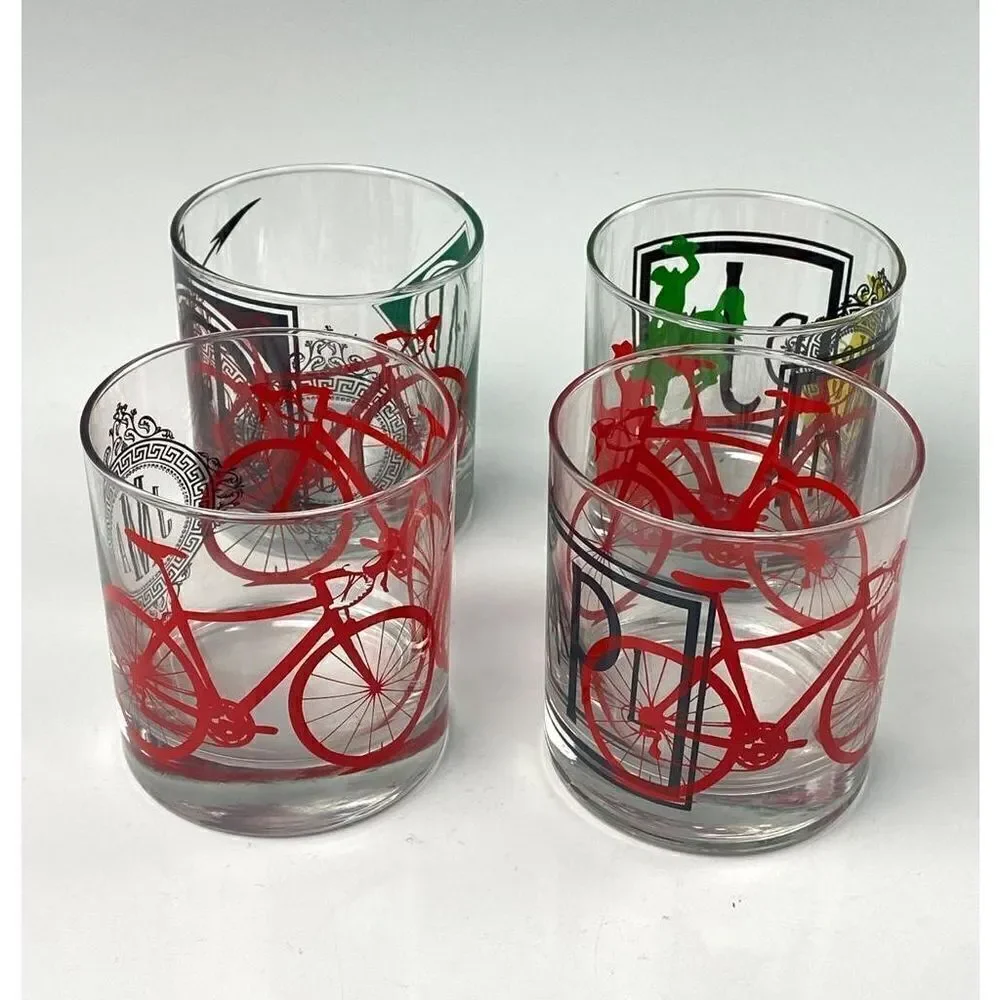 Set of 4 Lowball Whiskey Short Tumbler Glasses Bicycle Bronco Monogram Barware C